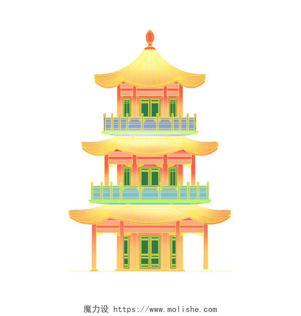 彩色手绘中国风古风国潮中式建筑牌坊城楼元素PNG素材